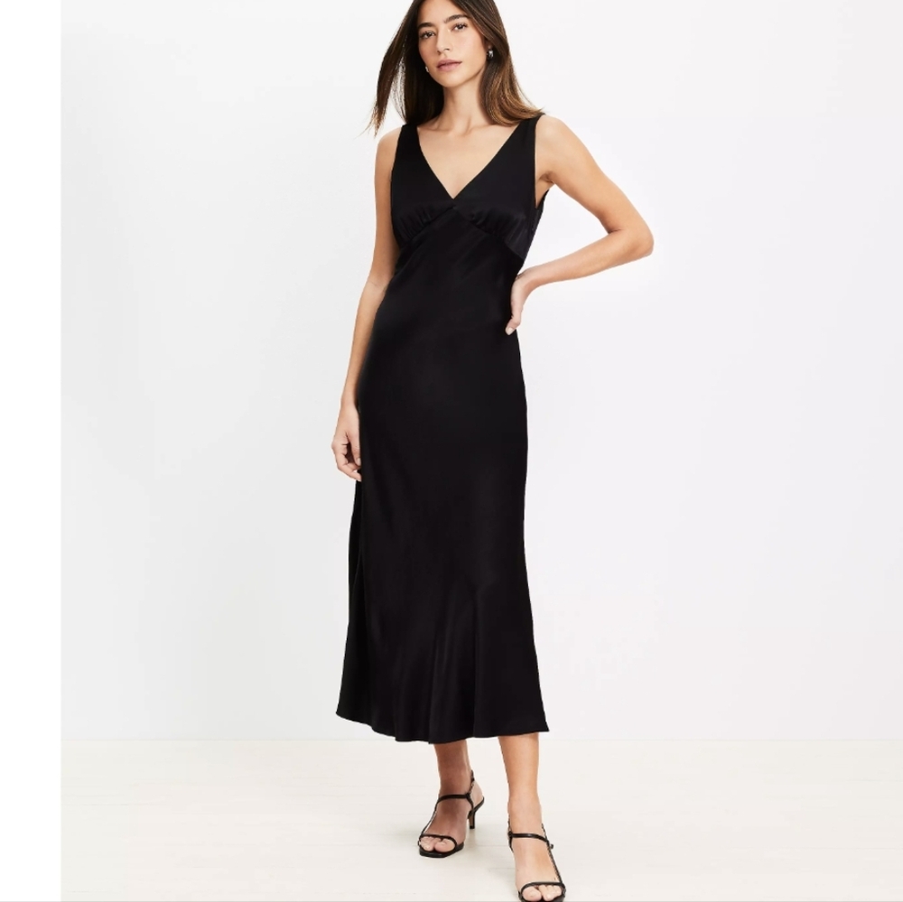 NWT LOFT Satin Bias Cut Midi Dress Black- Side Zipp Women's Size 6